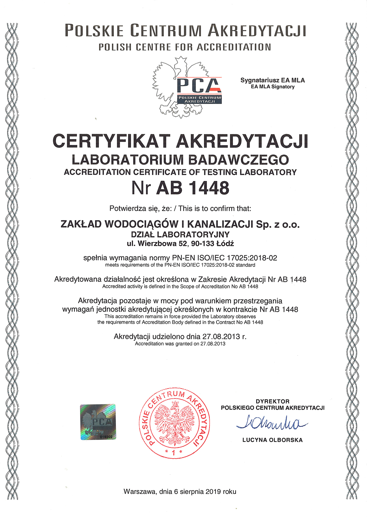 Certyfikat Akredytacji Laboratoriów ZWiK AB 1448
