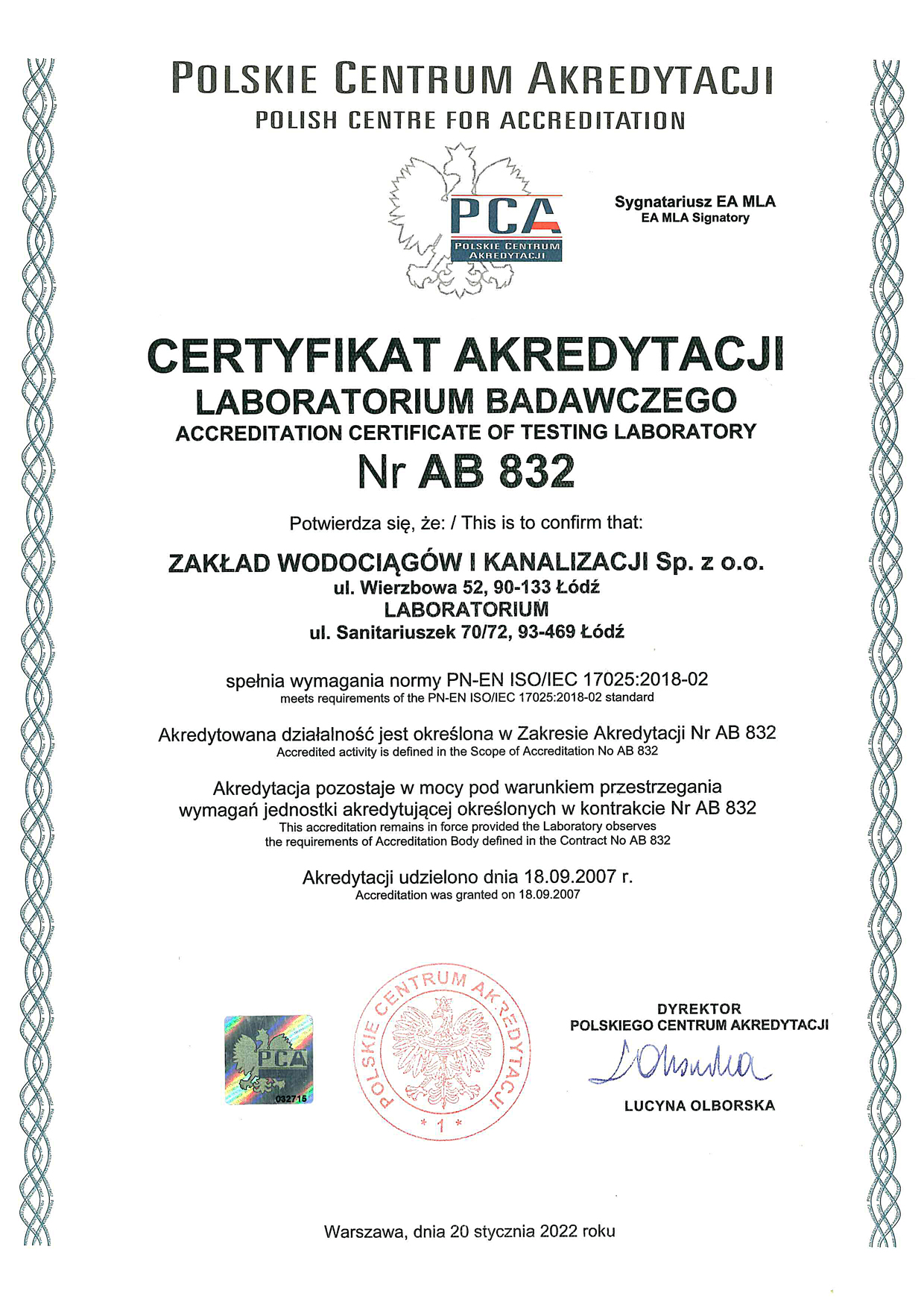 Certyfikat Akredytacji laboratorium ZWiK AB 832