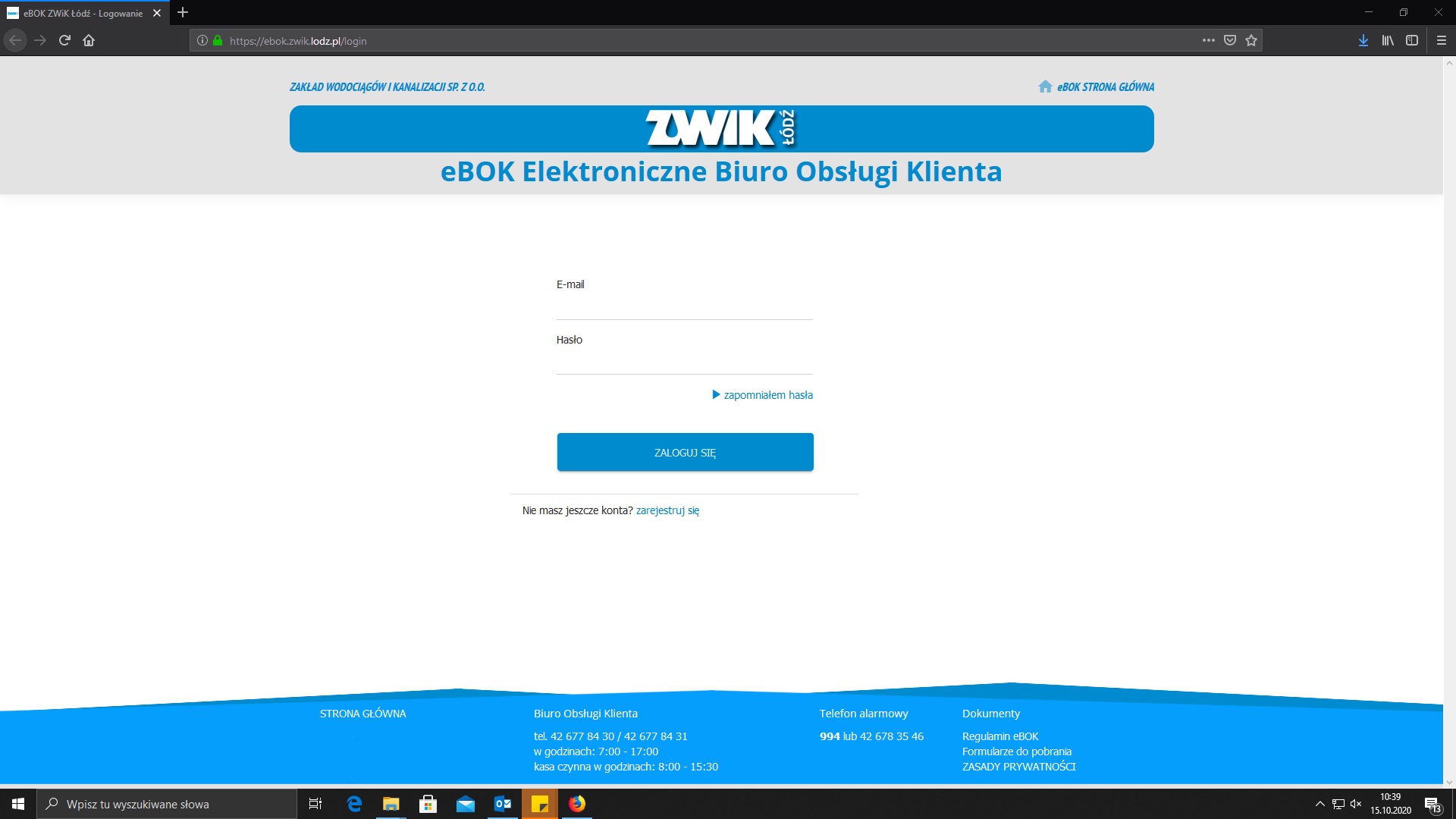 Link do Elektronicznego Biura Obsługi Klienta ZWiK - screen z ekranu komputera